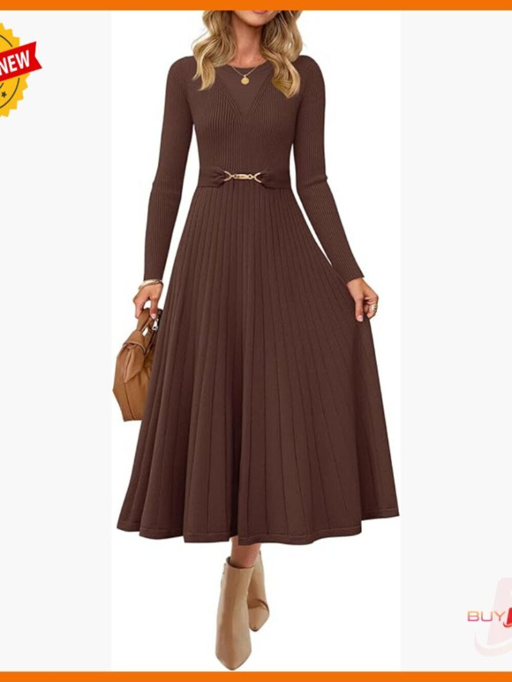 Long Sleeve Midi Sweater Dress with Belt, Knit A-Line Pleated Flowy